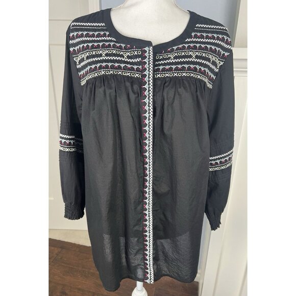 J Jill Embroidered Buttondown Balloon Sleeve Top 2X Peasant Cottagecore Boho - Picture 1 of 10